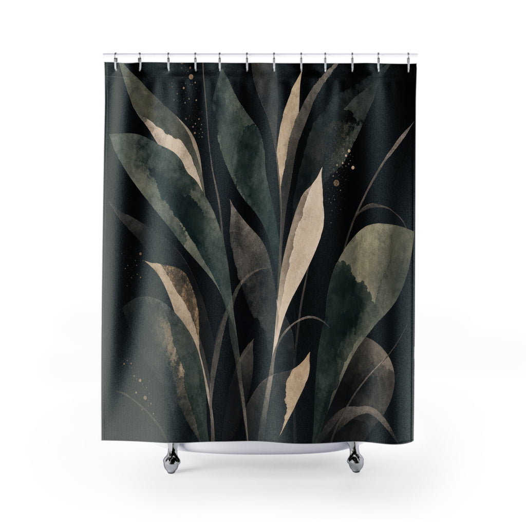 Green Botanical Shower Curtain, Black Leaf Bath Decor, Cream Teal Branch Pattern, Moody Modern Bathroom Decor, Nature Inspired Style