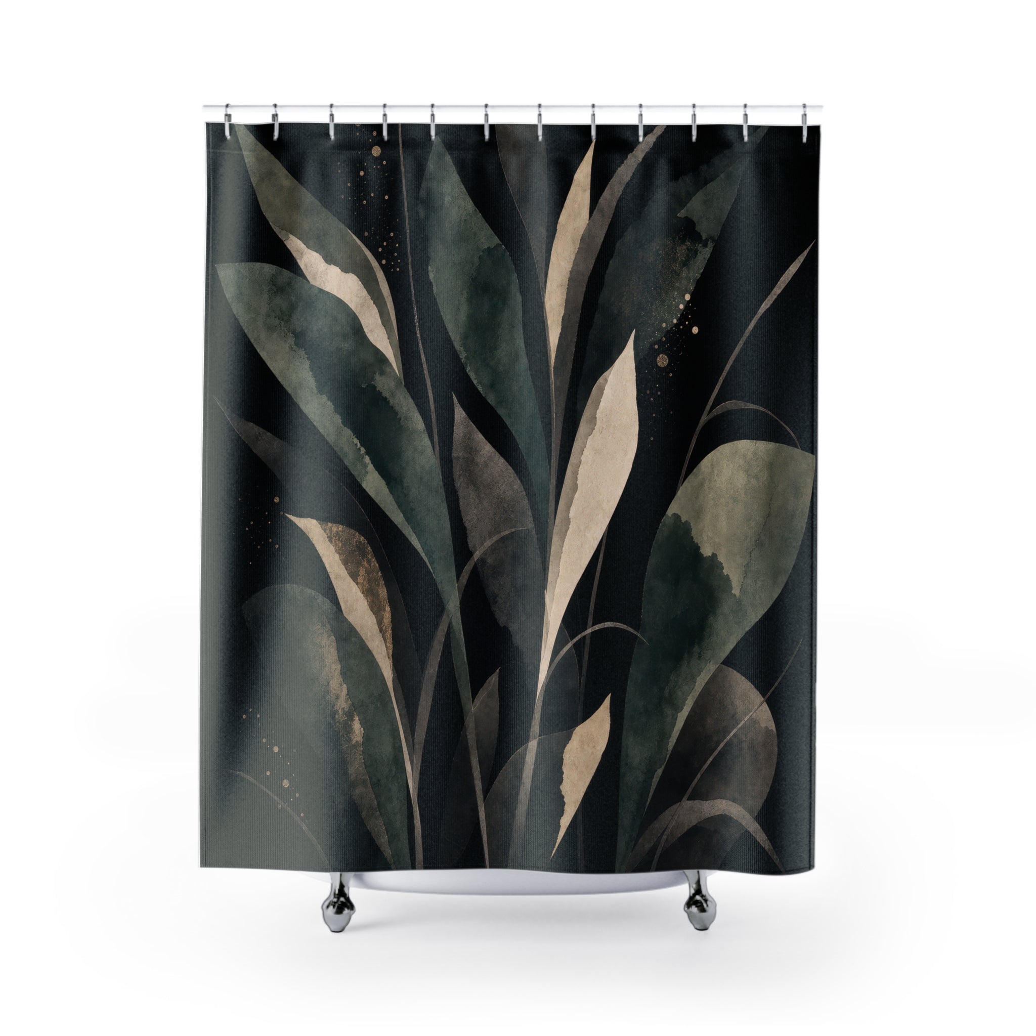 Green Botanical Shower Curtain, Black Leaf Bath Decor, Cream Teal Branch Pattern, Moody Modern Bathroom Decor, Nature Inspired Style