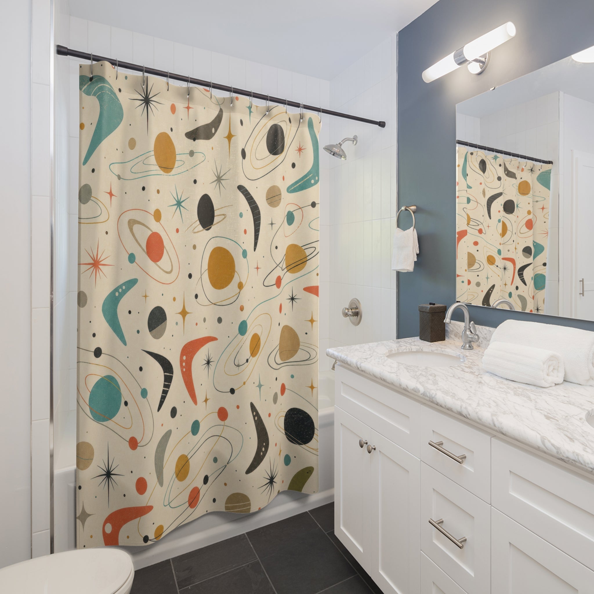 Black Retro Orbit Starburst Shower Curtain