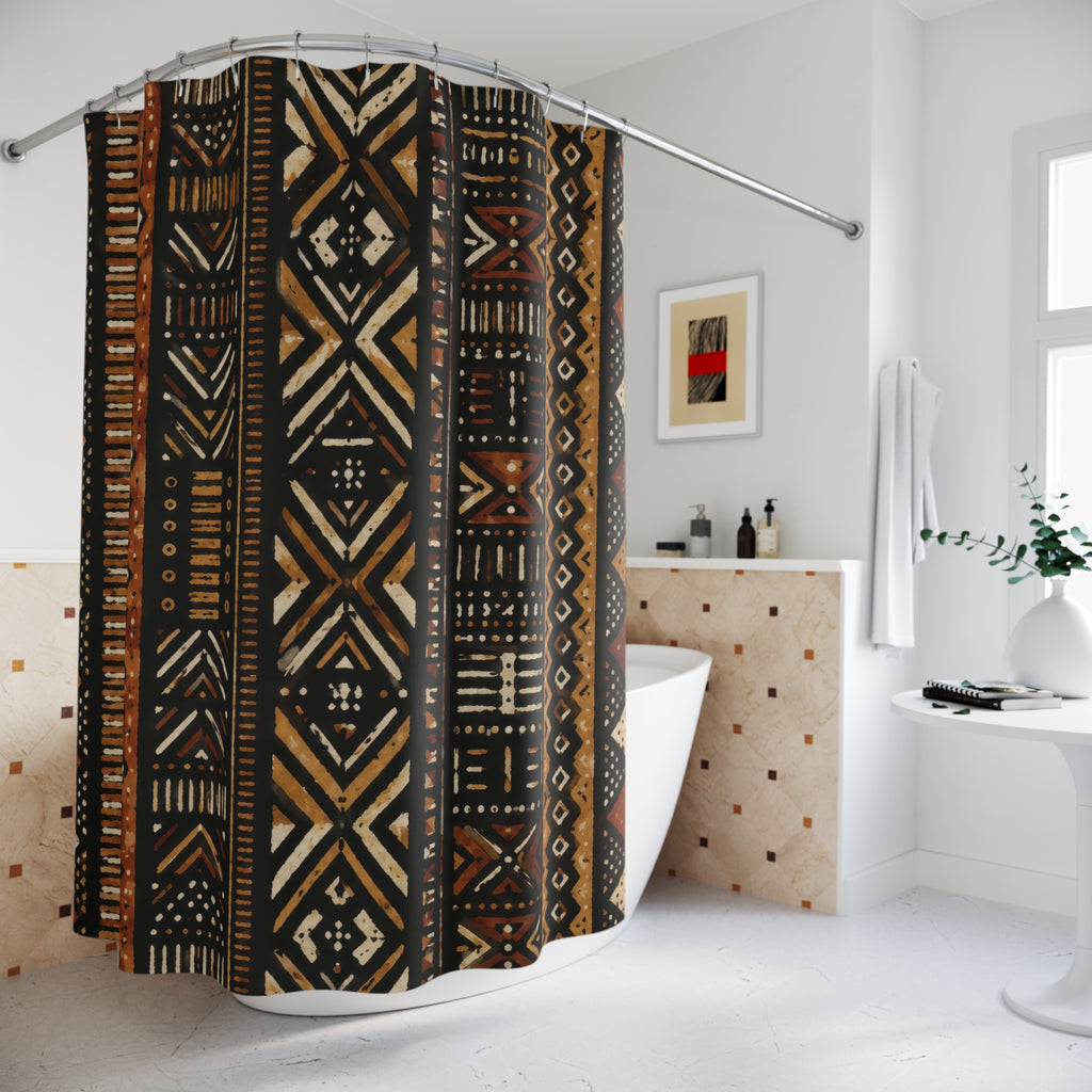 Mud Cloth Shower Curtain: Black Ivory Brown Geometric