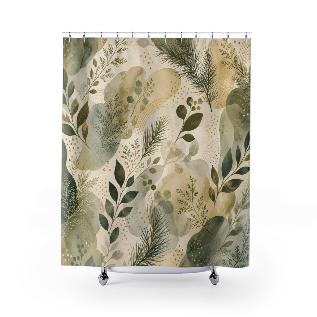 Green Botanical Shower Curtain, Beige Sage Bath Decor, Soft Leaf Abstract Pattern, Soft Organic Neutral Guest Bathroom Decor Style