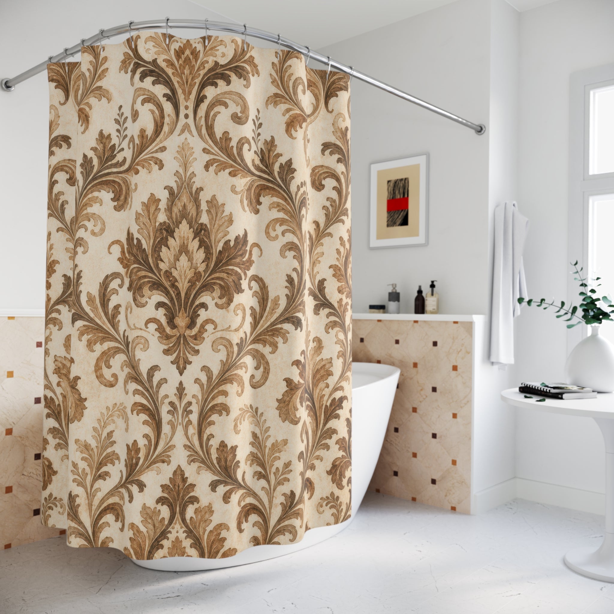 Brown Beige Ornate Scroll Shower Curtain
