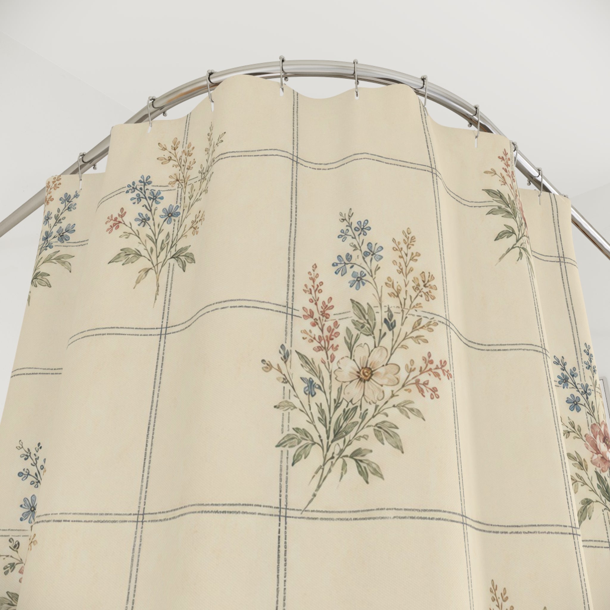 Cream Floral Grid Farmhouse Shower Curtain