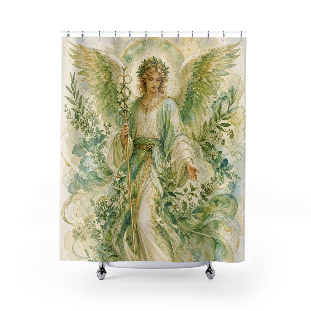 Archangel Raphael Shower Curtain, Healing Angel Botanical Art, Green White Spiritual Decor, Peaceful Garden Bathroom Accent, Garden Bath Art