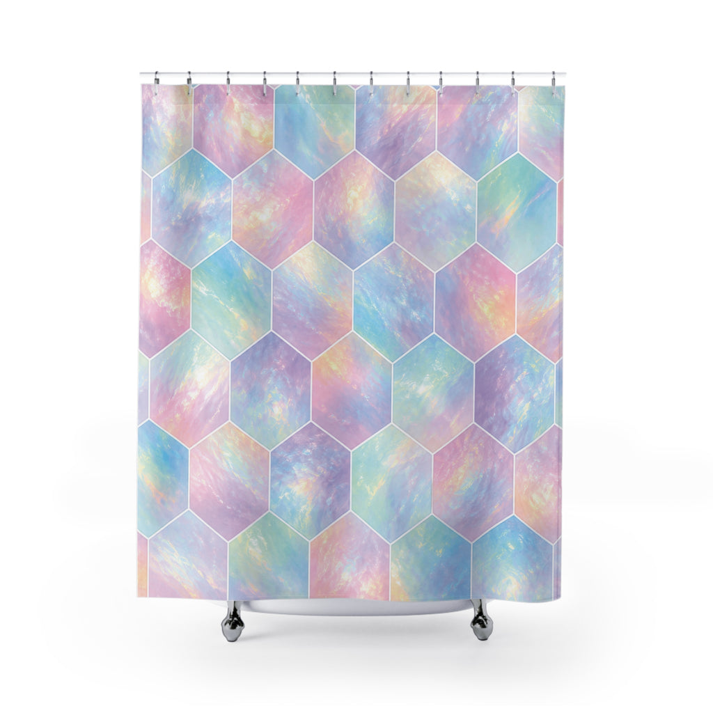 Pastel opal-effect hexagons with fine white outlines shower curtain with full front view