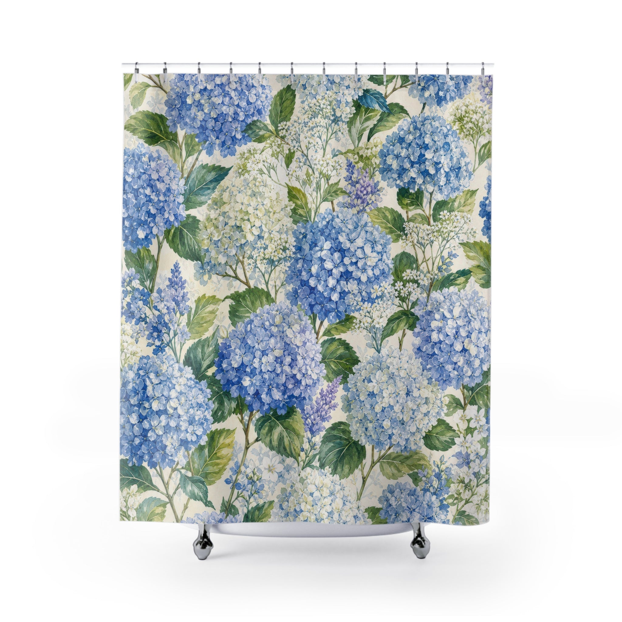 Blue Hydrangea Floral Cottage White Botanical Shower Curtain
