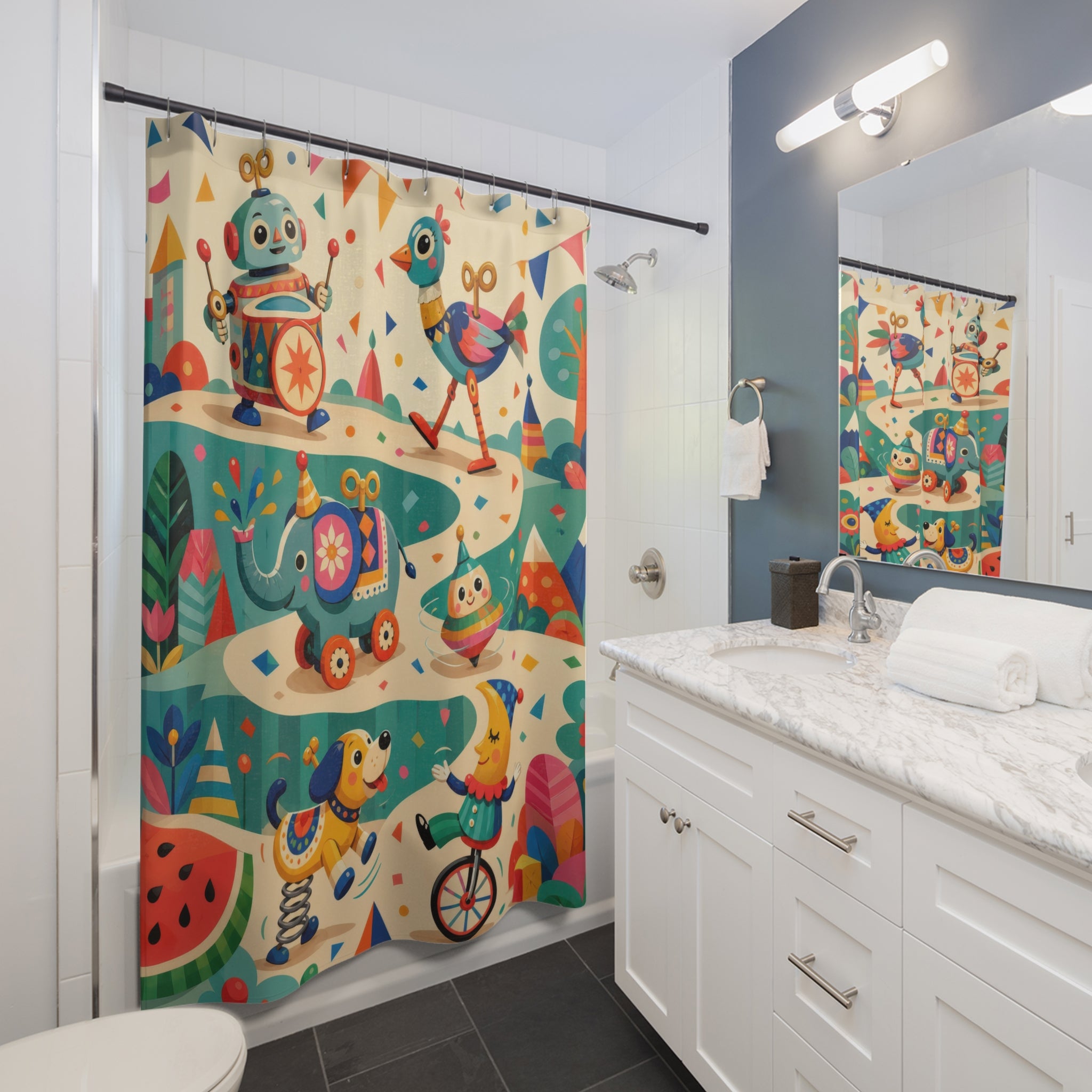 Whimsical clockwork toy parade with robot and animals shower curtain beside a white vanity