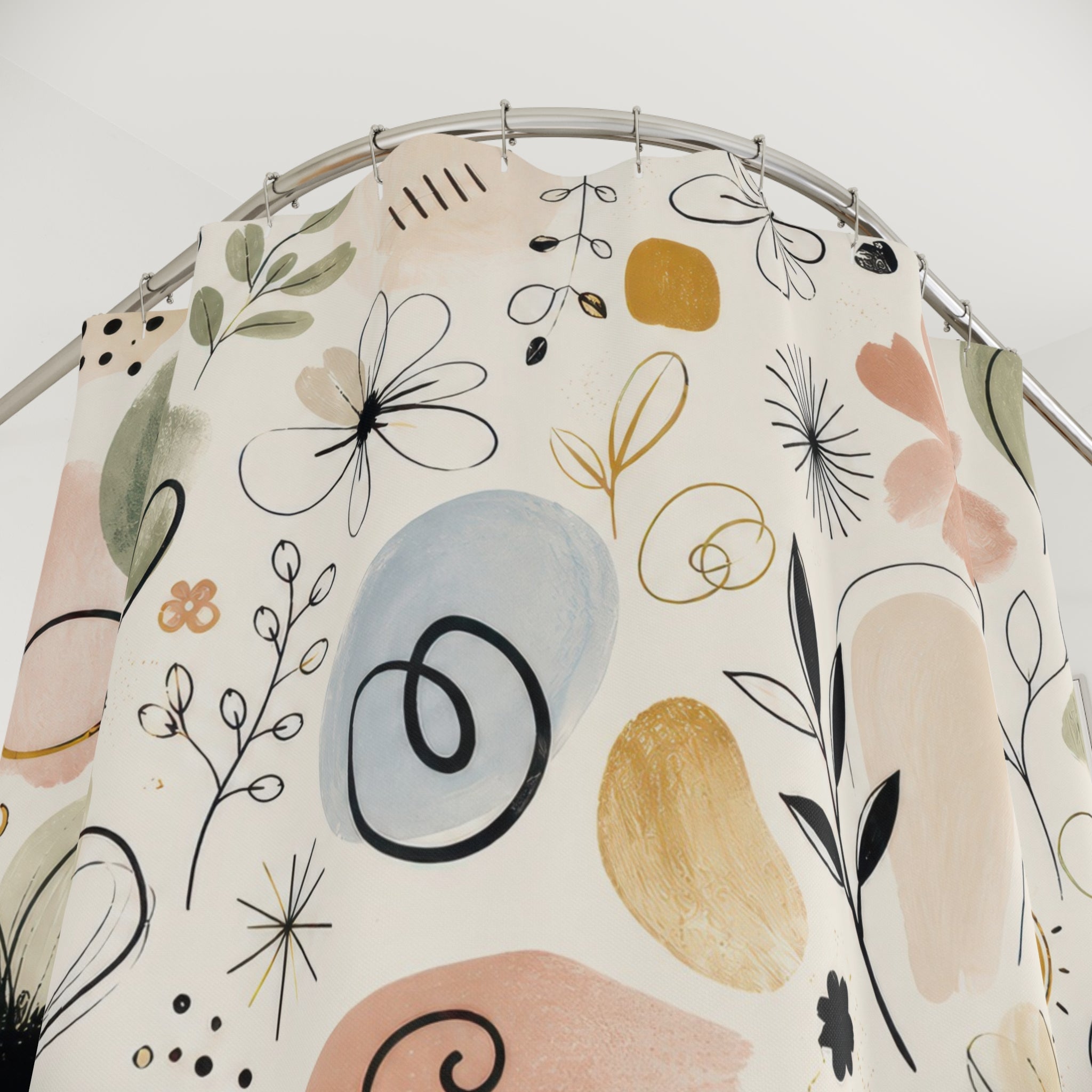 Painterly Doodle Shower Curtain, Hand Drawn Botanical Flower Bath Decor, Black Ivory Sage Blush Abstract Guest Bathroom Style Decor