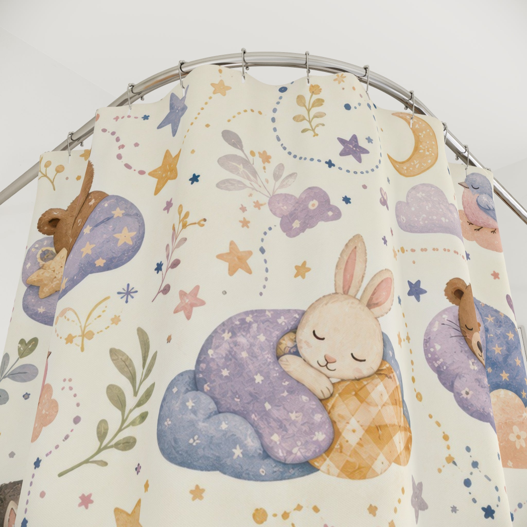 Kids Teddy Bear Shower Curtain, Sleepy Cloud Moon Pattern, Pastel Nursery Bathroom Decor, Bedtime Nursery Wall Decor Guest Bath Wall Gift