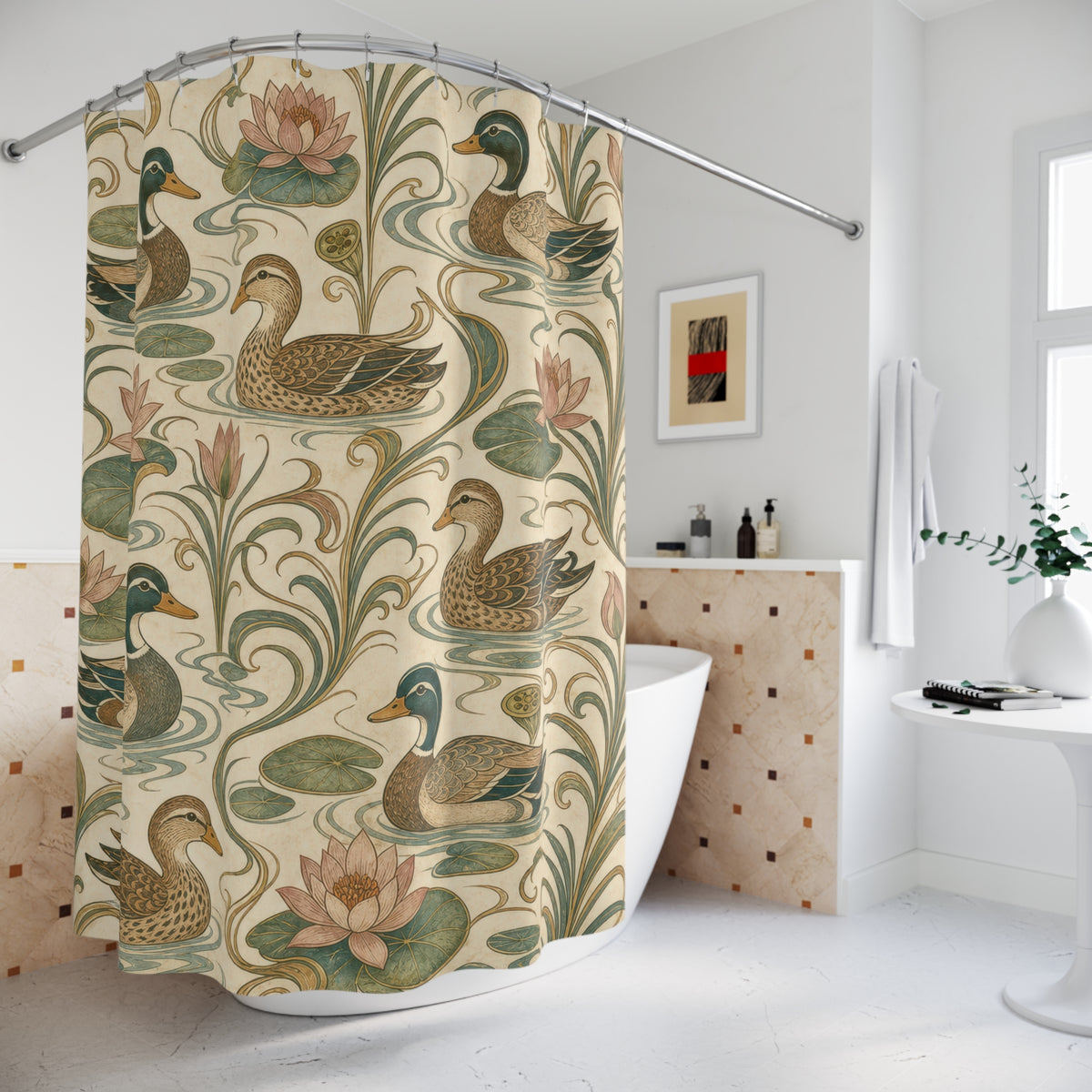 Vintage Mallard Lily Pad duck shower curtain beside a freestanding tub