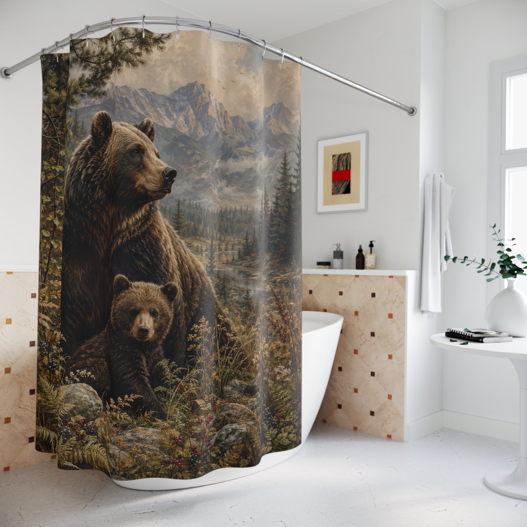 Bear Shower Curtain: Mother Bear Cub Forest Scene