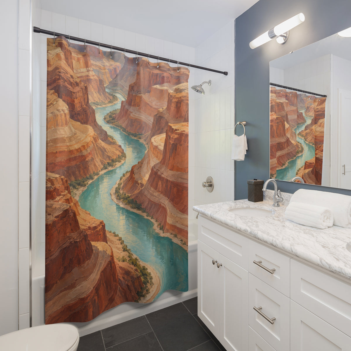 Turquoise river between terracotta sandstone canyon cliffs shower curtain beside a white vanity