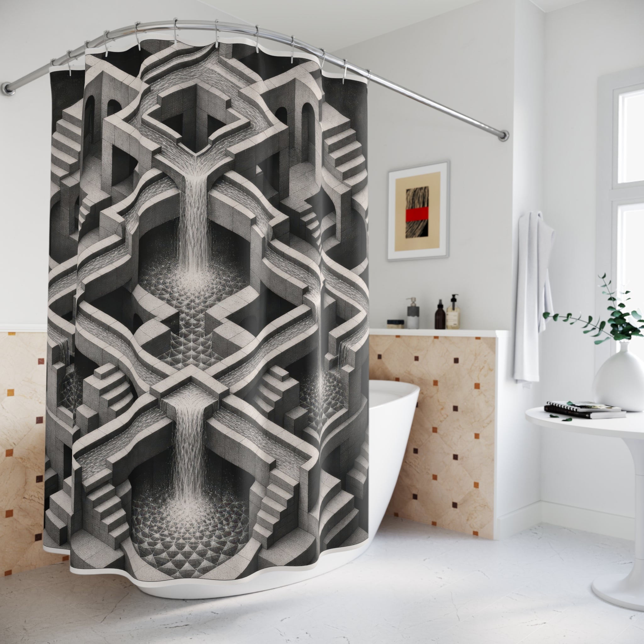 Black White Impossible Waterfall Print Shower Curtain