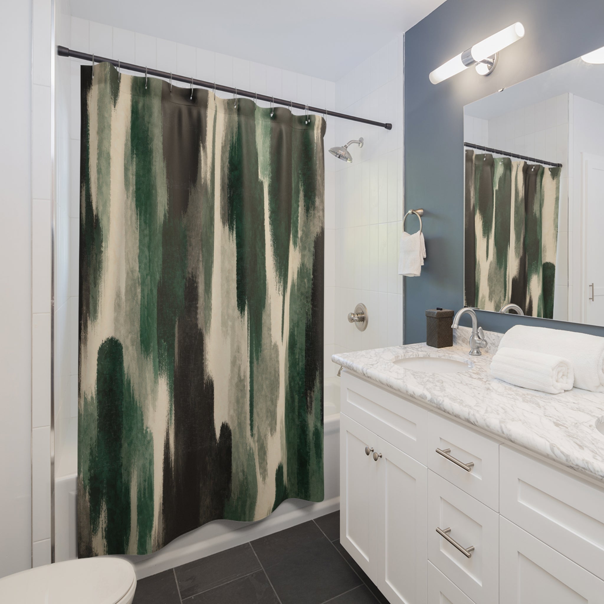 Black Emerald Brush Stripe Green Striped Shower Curtain