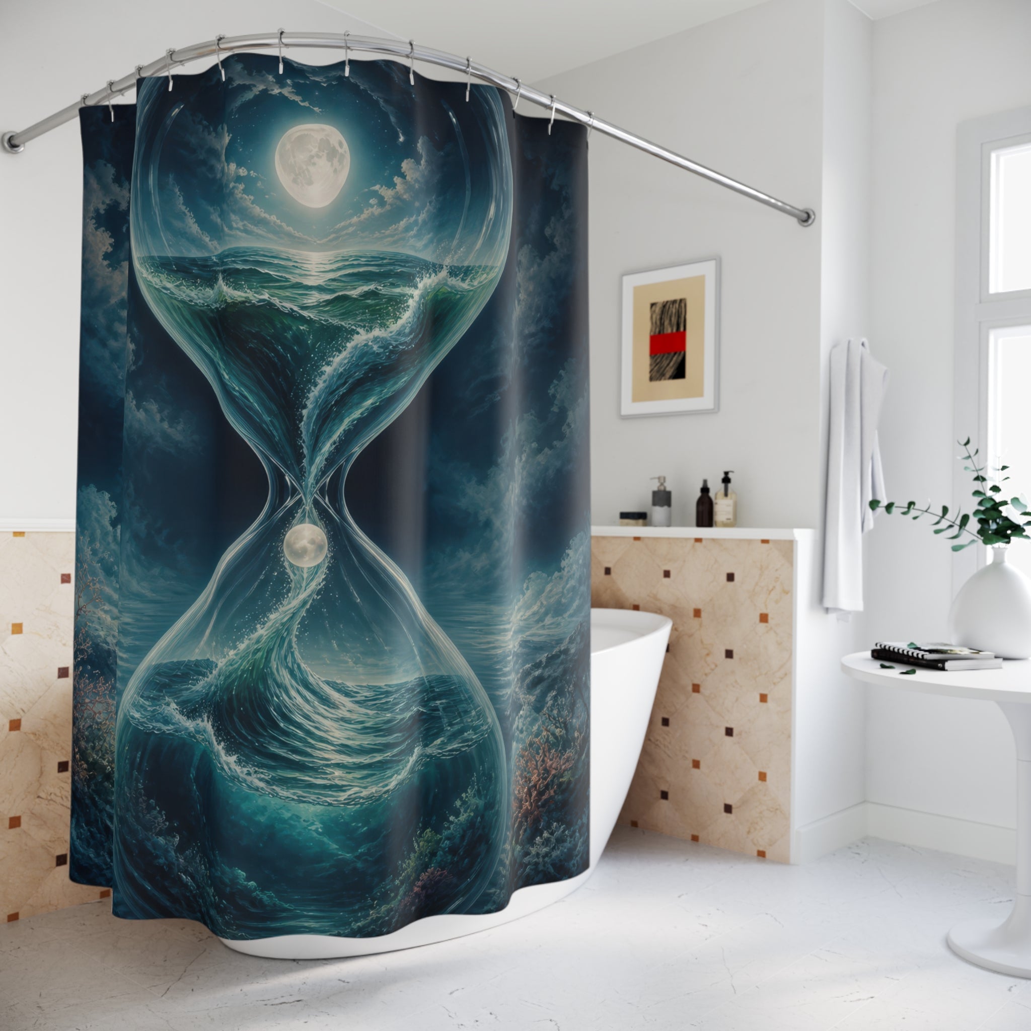 Moonlit ocean inside a glass hourglass shower curtain beside a freestanding tub