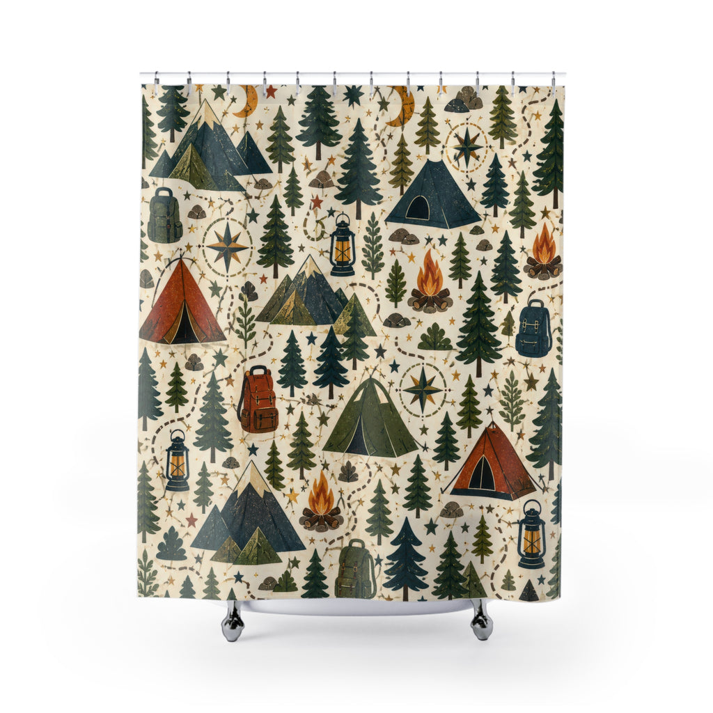 Camping Shower Curtain, Mountain Cabin Kids Bathroom Decor, Tent and Pine Tree Bath Curtain, Outdoorsy Boys Bathroom Art, Cabin Bath Decor
