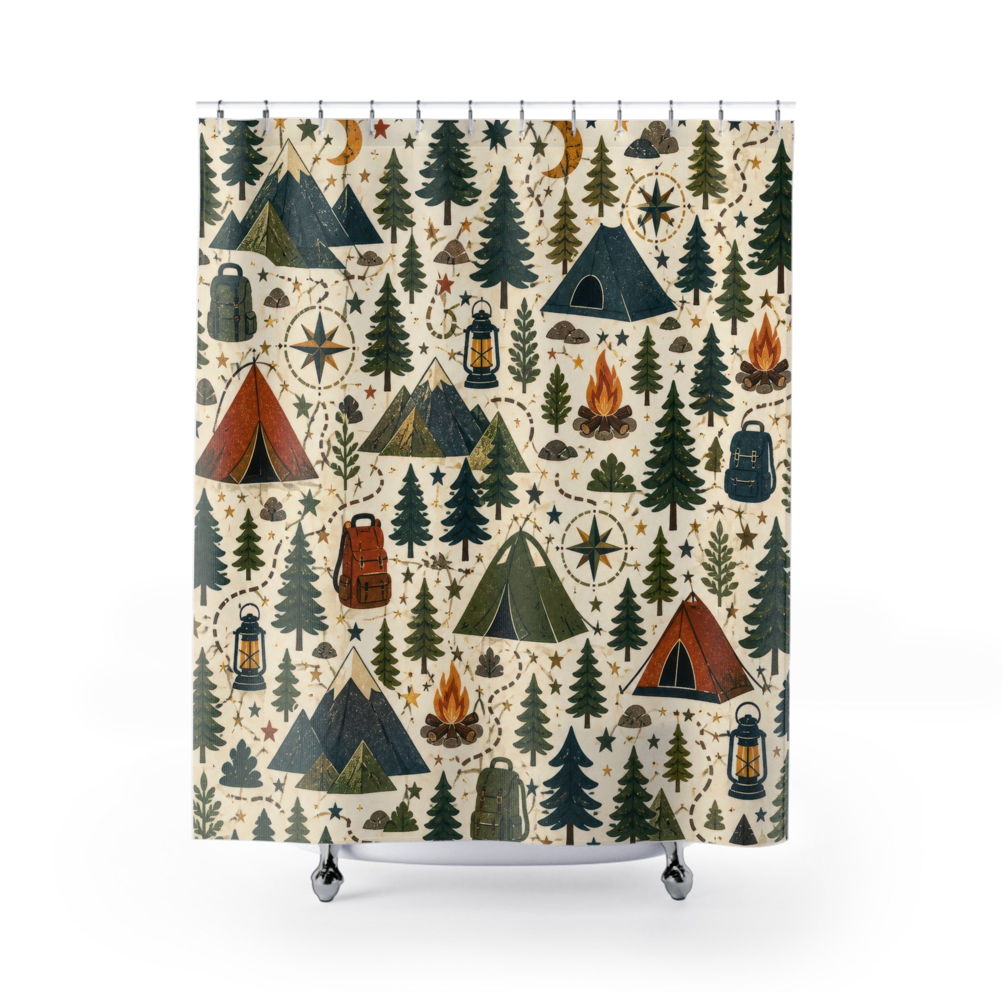 Camping Shower Curtain, Mountain Cabin Kids Bathroom Decor, Tent and Pine Tree Bath Curtain, Outdoorsy Boys Bathroom Art, Cabin Bath Decor