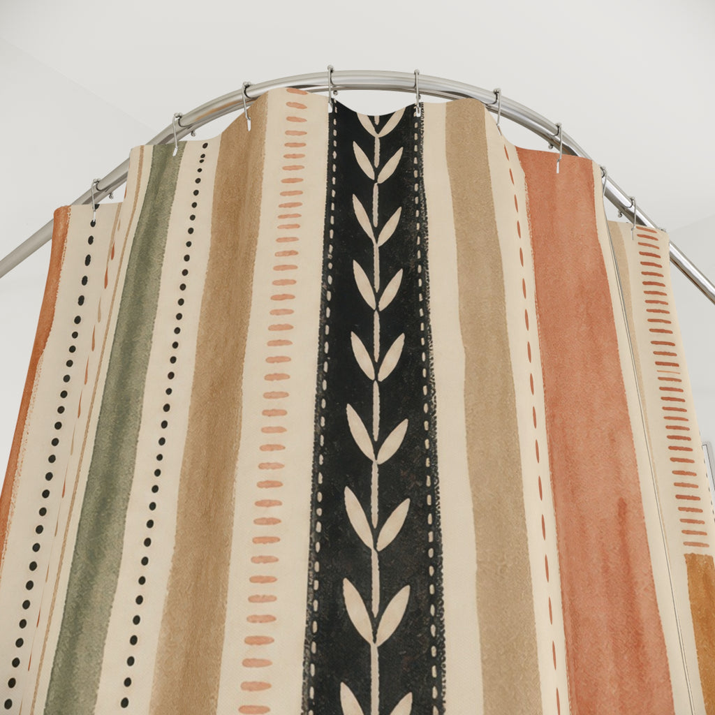 Olive Green Terracotta Geometric Stripe Shower Curtain