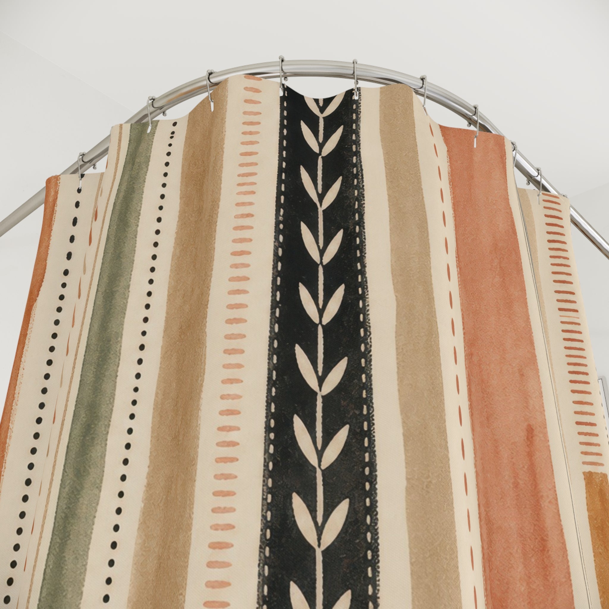 Olive Green Terracotta Geometric Stripe Shower Curtain