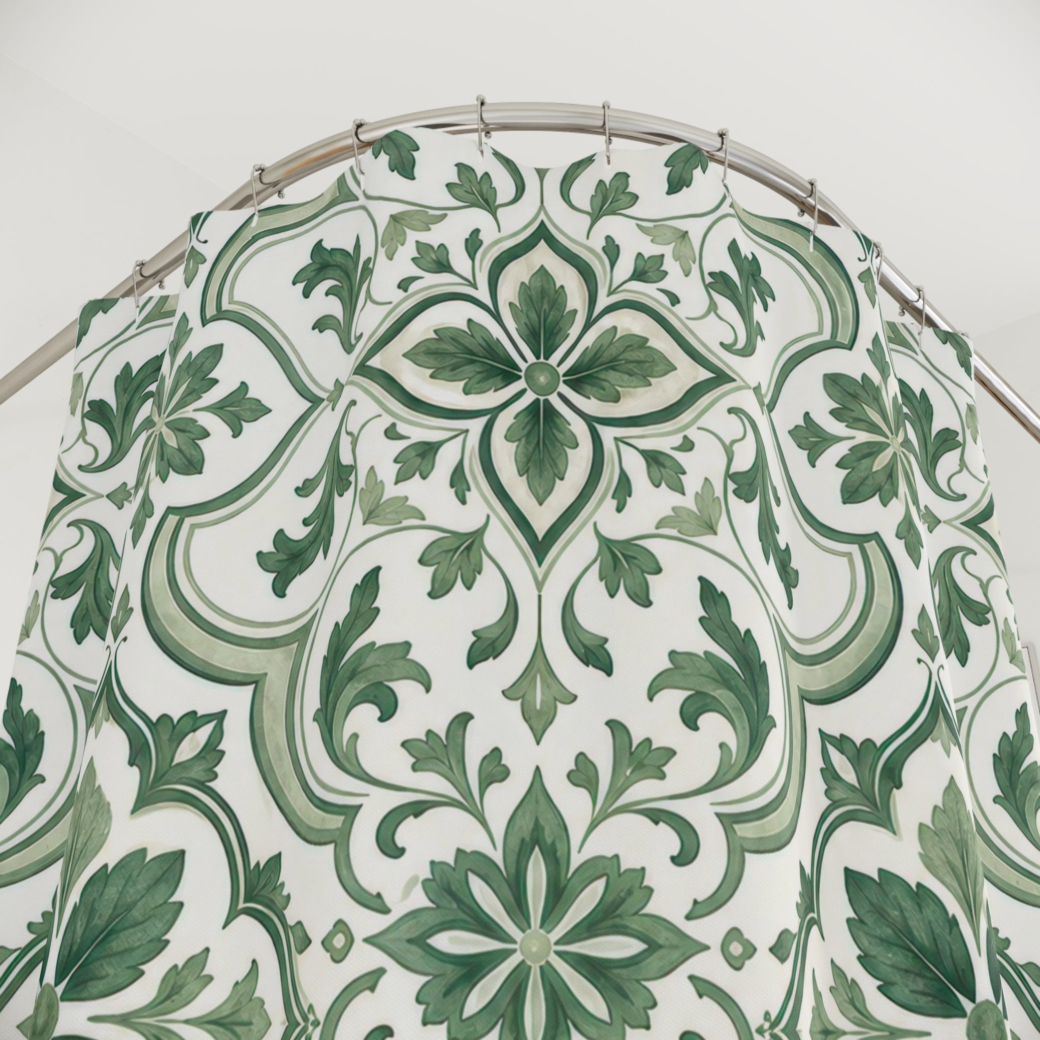 Green White Floral Medallion Shower Curtain