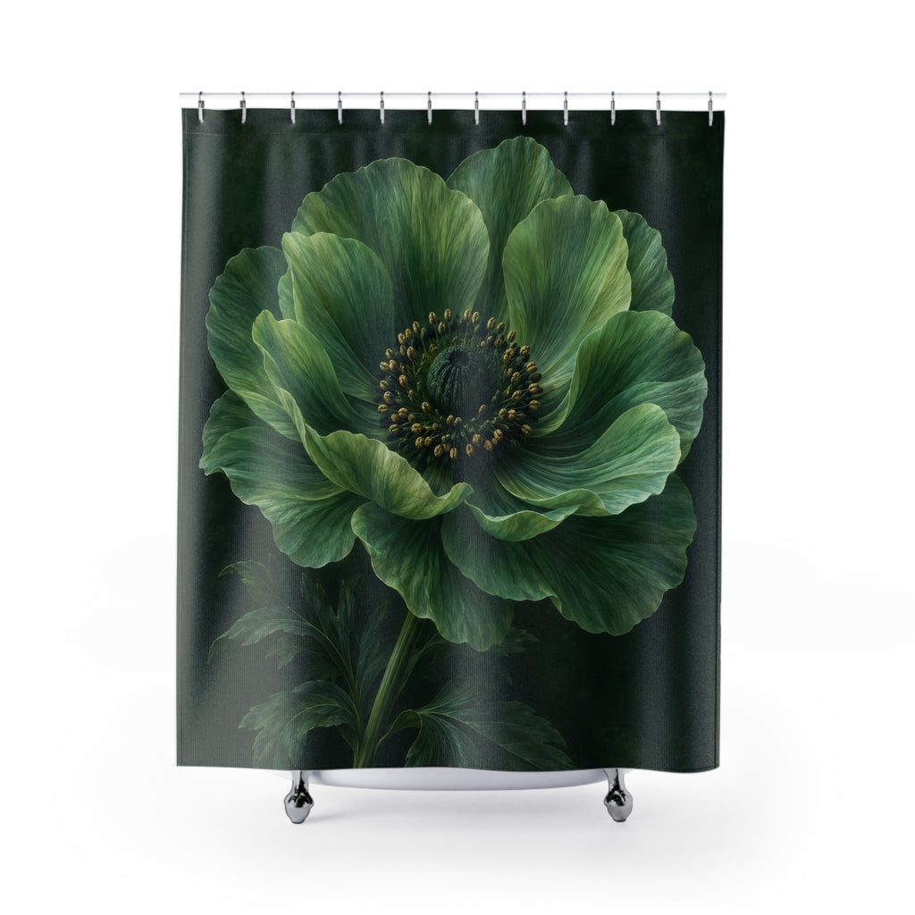 Large jade-green flower with golden stamens on dark green shower curtain with full front view