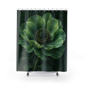 Large jade-green flower with golden stamens on dark green shower curtain with full front view