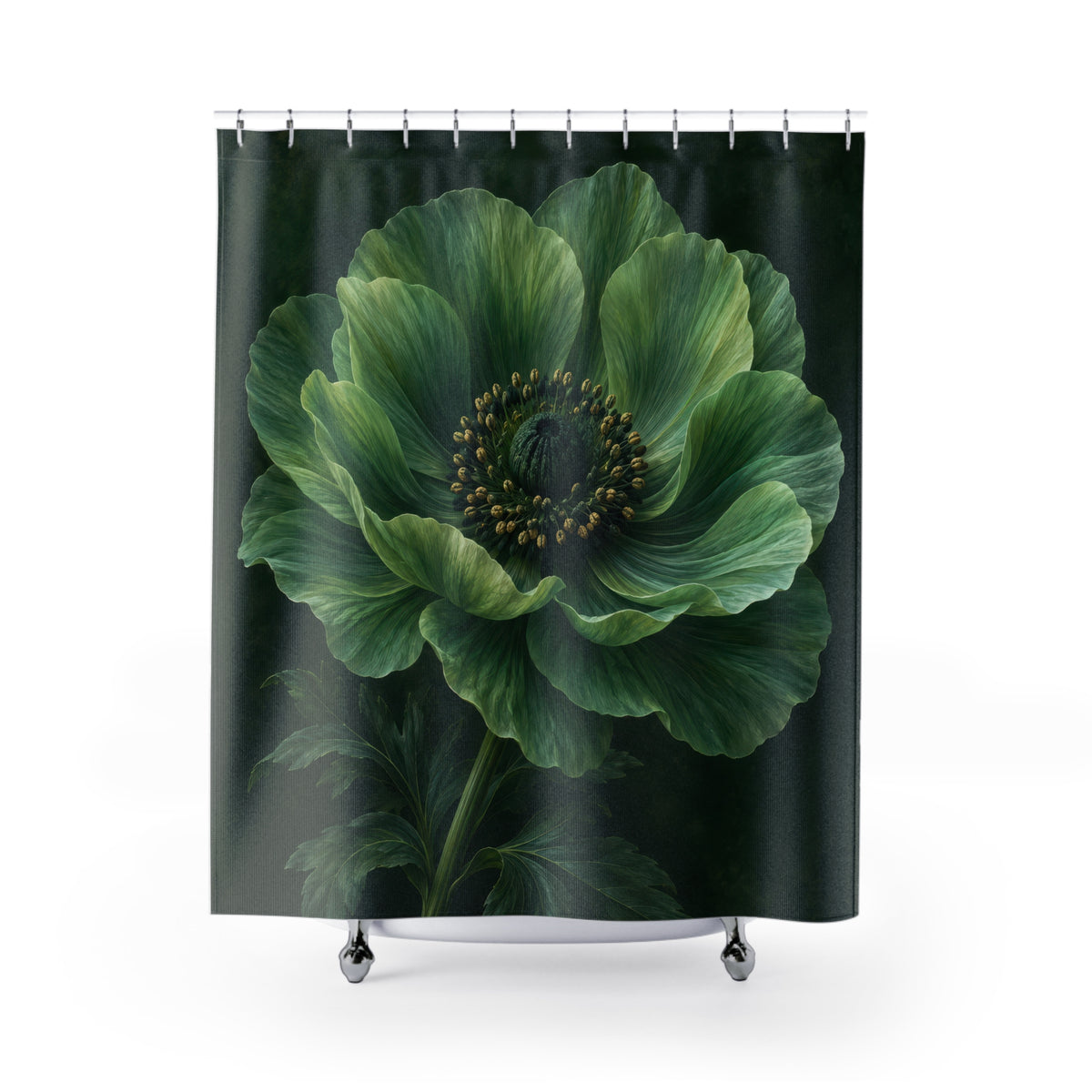 Large jade-green flower with golden stamens on dark green shower curtain with full front view