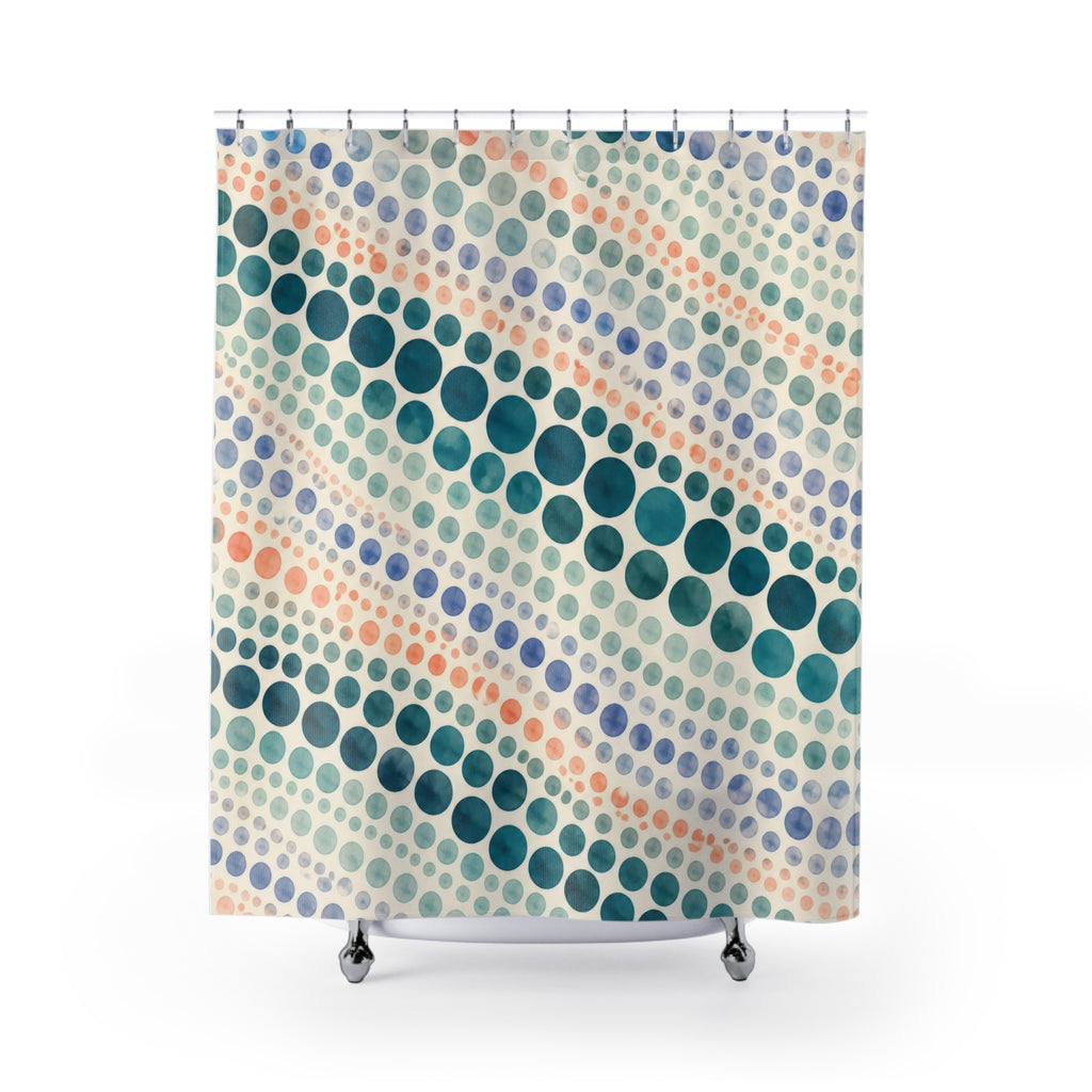 Teal watercolor polka dots in diagonal rows shower curtain with full front view