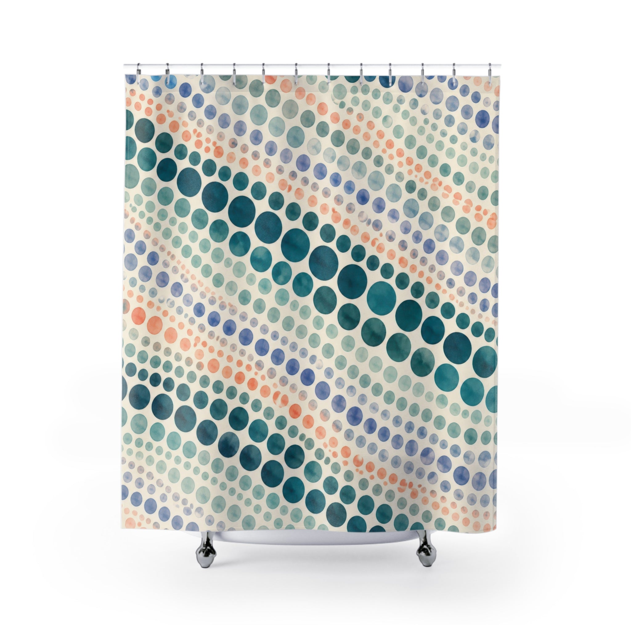 Teal watercolor polka dots in diagonal rows shower curtain with full front view