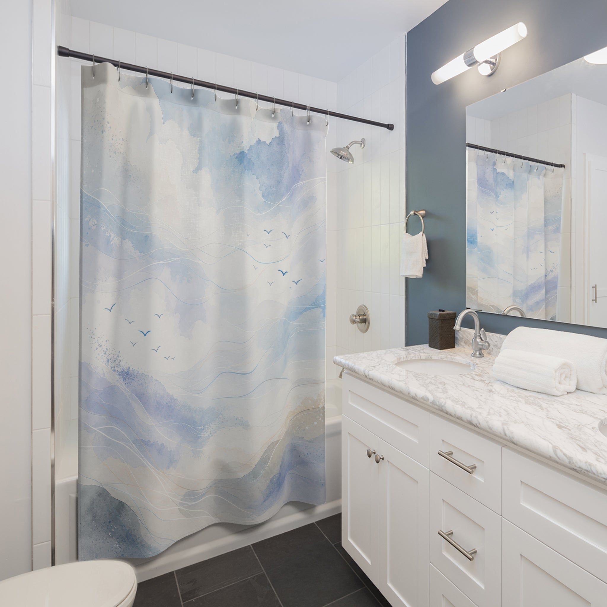 Blue Sky Mountain Watercolor Shower Curtain