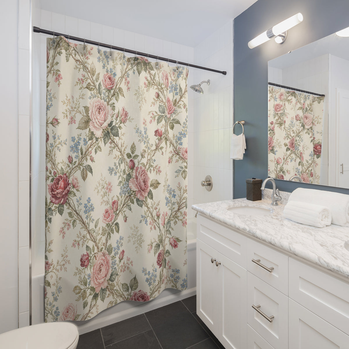 Vintage Floral Trellis rose pink shower curtain beside a white vanity