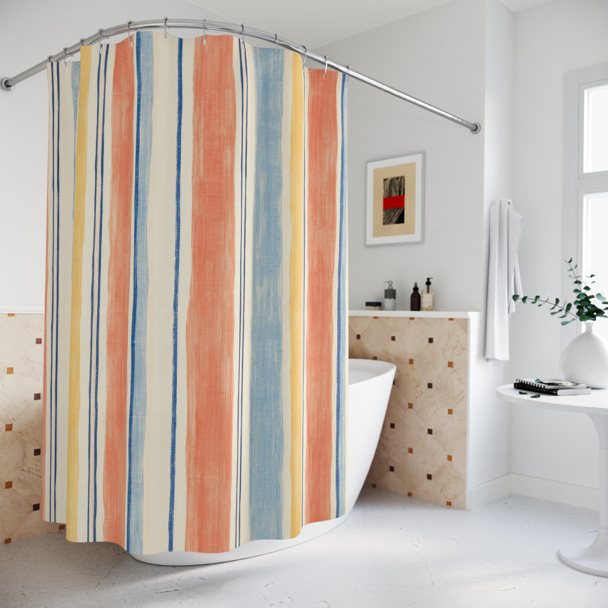 Coral Blue Orange Stripe Shower Curtain