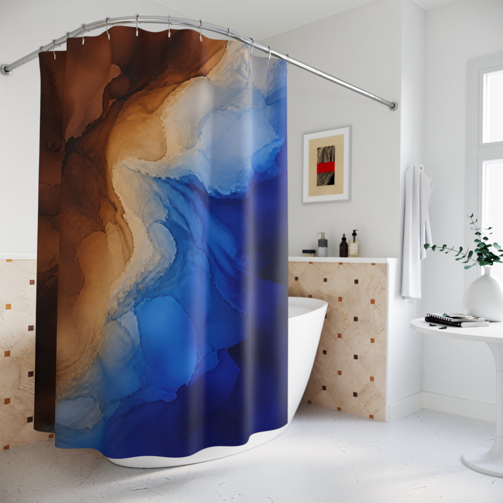 Cobalt blue and brown flowing abstract ink washes shower curtain beside a freestanding tub