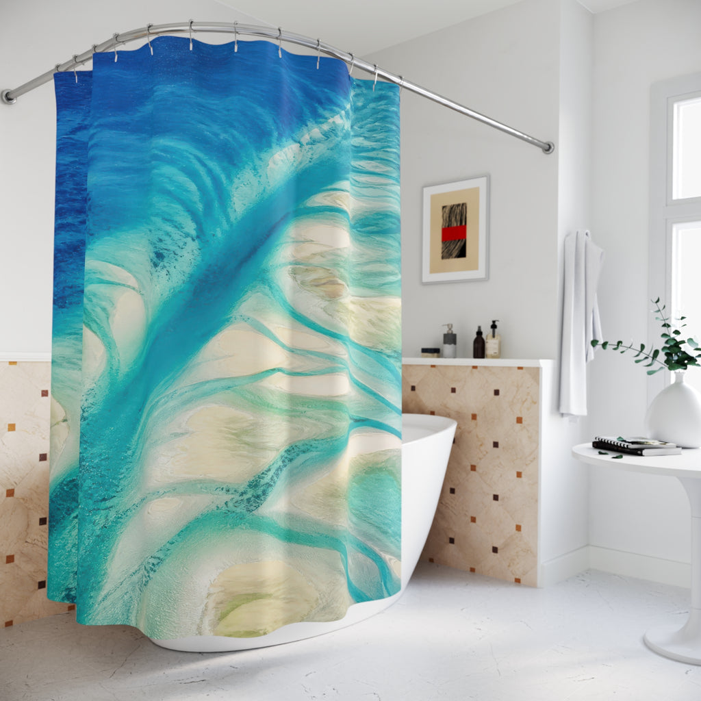 Aerial turquoise ocean channels over ivory sandbars shower curtain beside a freestanding tub