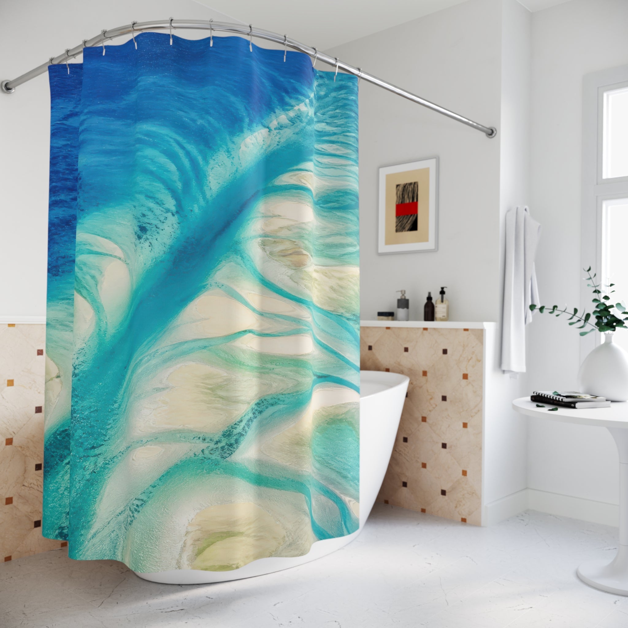 Aerial turquoise ocean channels over ivory sandbars shower curtain beside a freestanding tub
