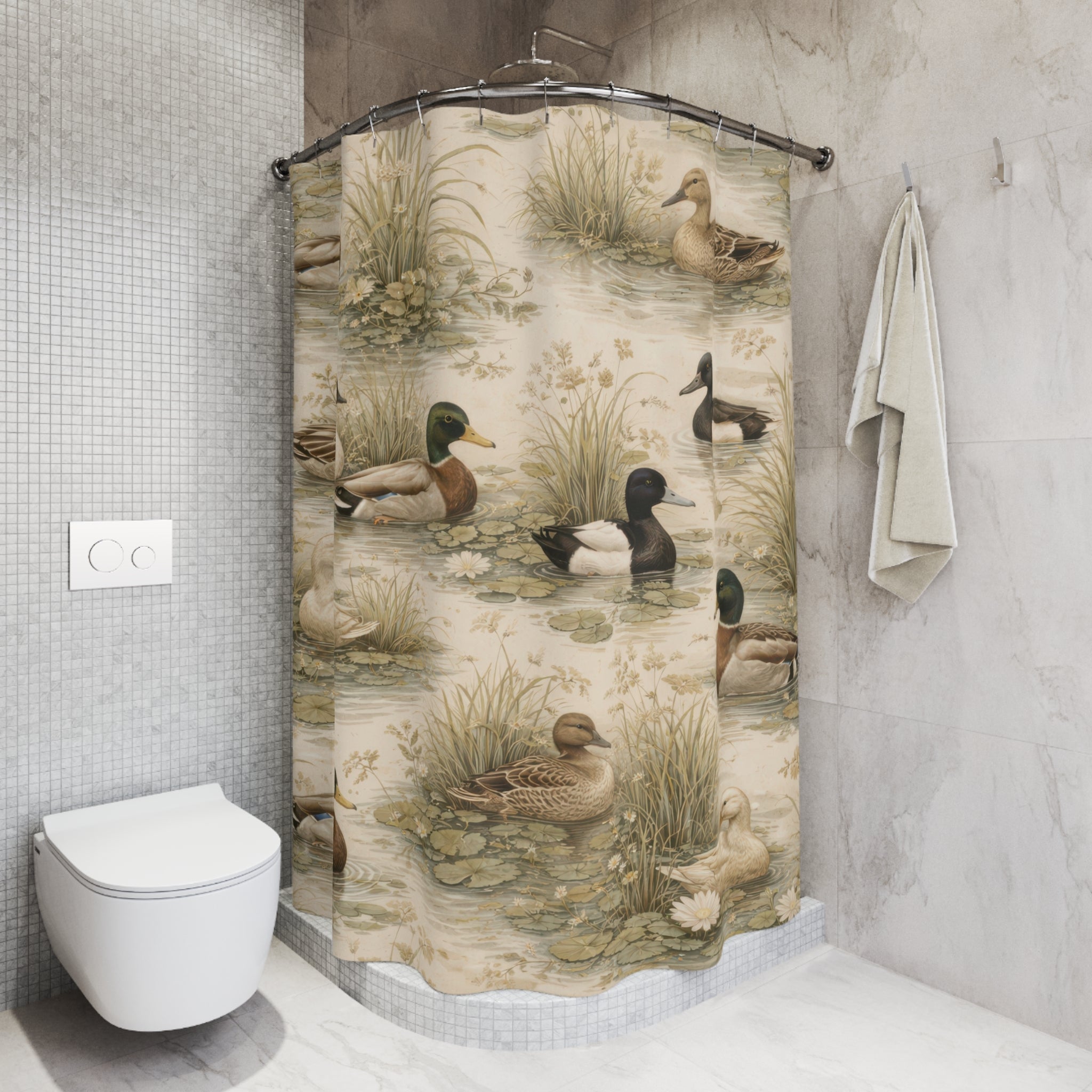 Duck Pattern Shower Curtain – Vintage Marsh Scene