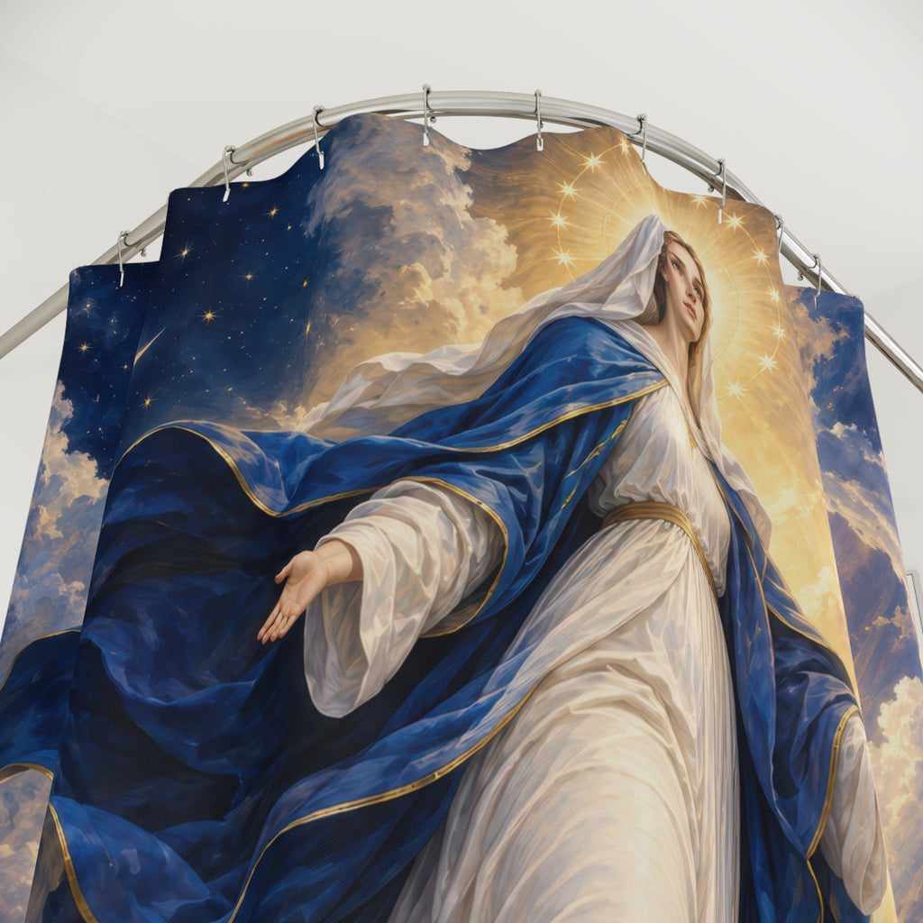 Virgin Mary ascending through blue and gold clouds shower curtain with close-up print, hooks, and folds