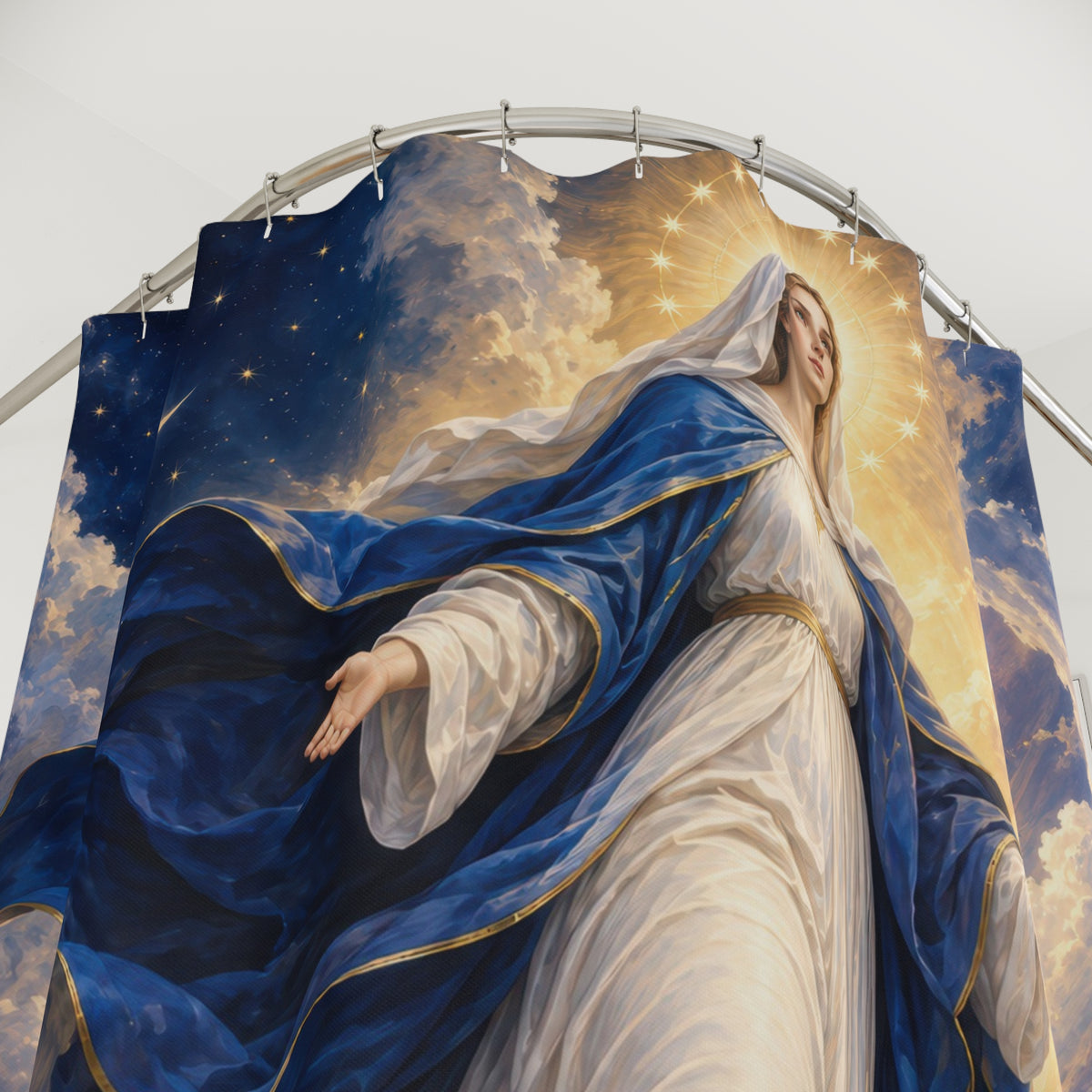 Virgin Mary ascending through blue and gold clouds shower curtain with close-up print, hooks, and folds