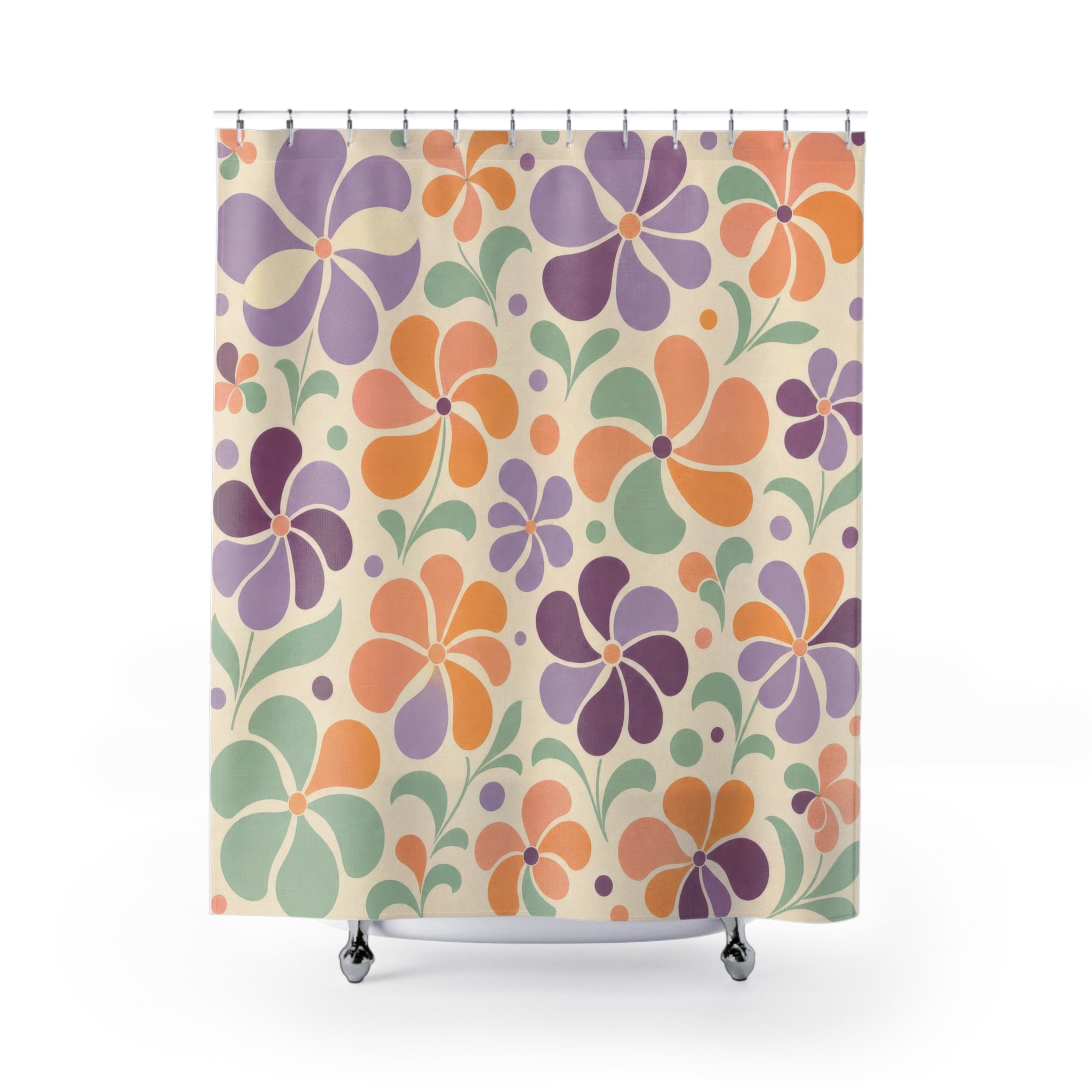 Retro Floral Shower Curtain, Pastel Flower Power Pattern, Purple Peach Bathroom Decor, Playful Pastel Wall Decor Guest Bath Wall Gift