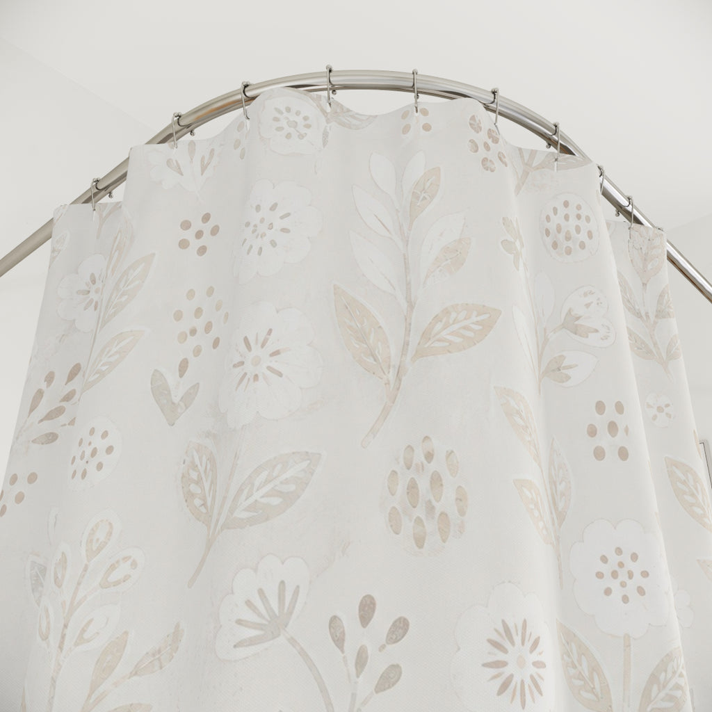 White Floral Shower Curtain, Boho Botanical Bath Decor, Ivory Leaf Vine Pattern, Cream Guest Bathroom Decor, Soft Garden Style Decor