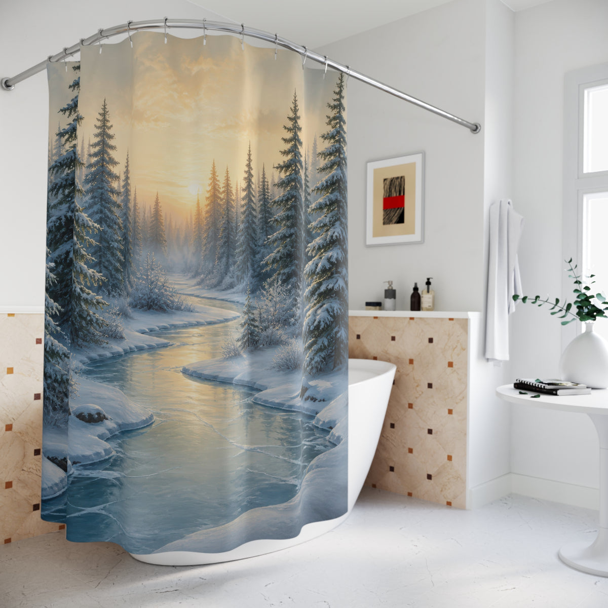 Winter woodland frozen creek forest shower curtain beside a freestanding tub
