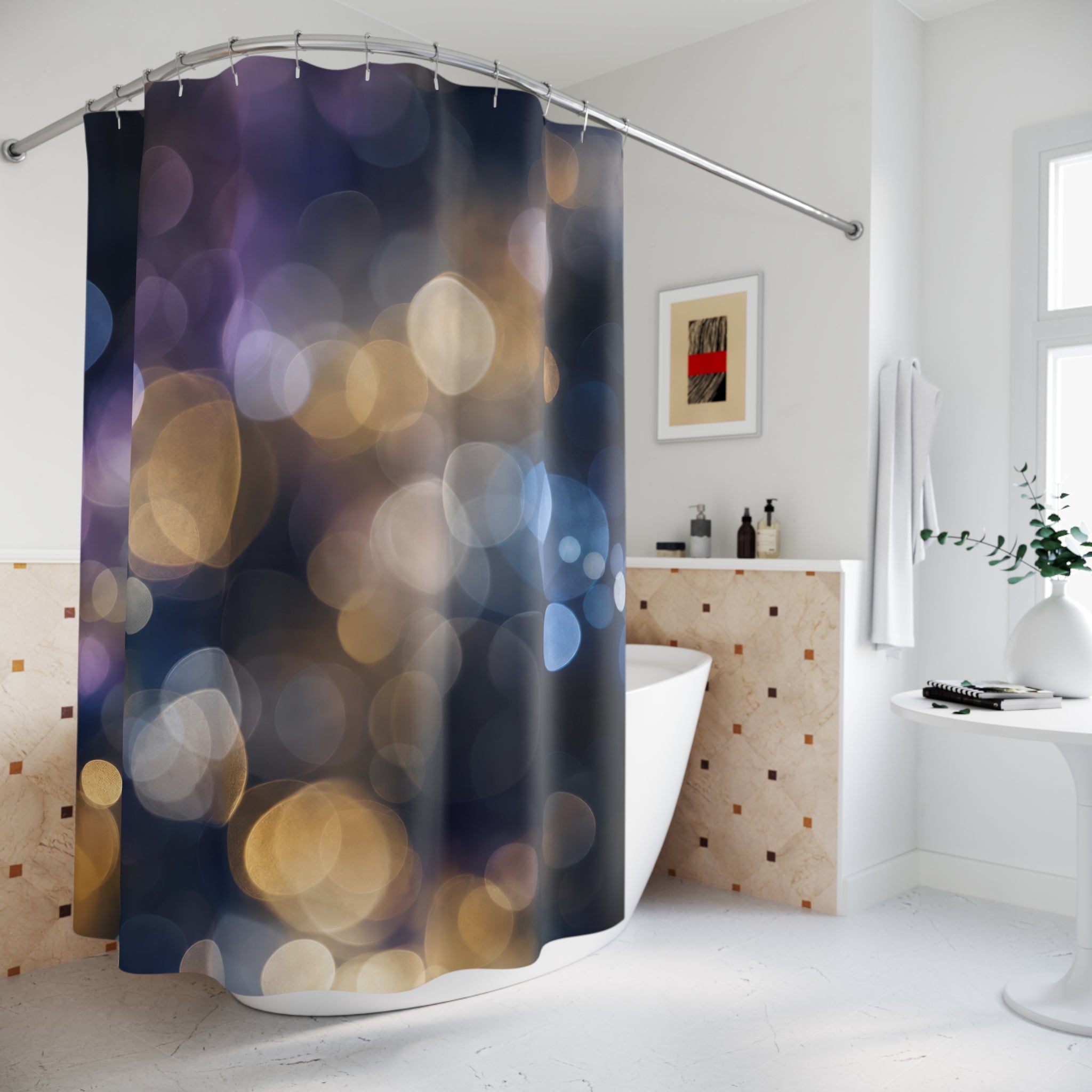 Abstract Shower Curtain, Bokeh Light Bath Decor, Blue Gold Purple Pattern, Modern Guest Bathroom Decor, Moody Night Style, Night Glow Style