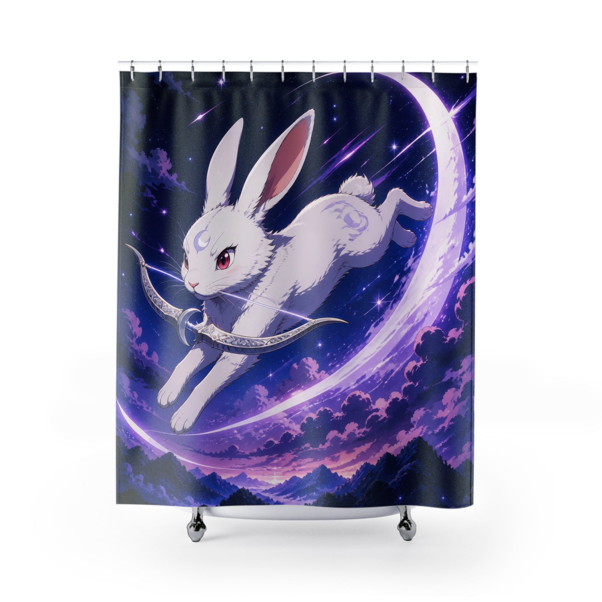 Moon rabbit archer leaping across a silver crescent shower curtain with full front view