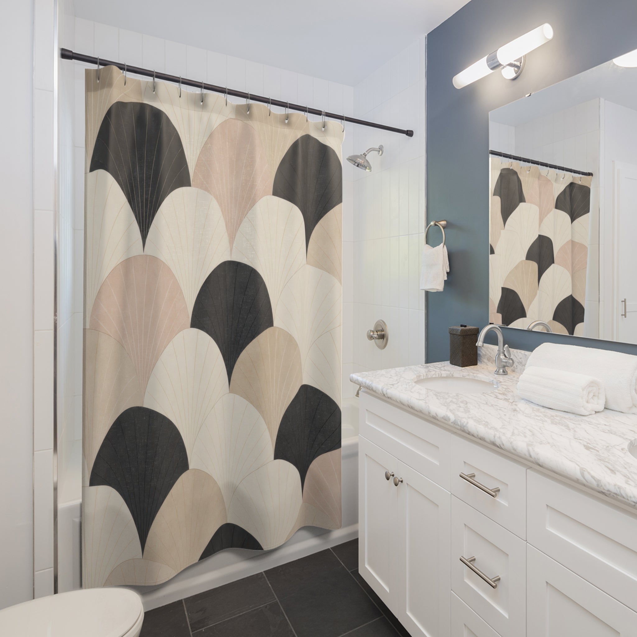 Black Beige Fan Scallop Shower Curtain