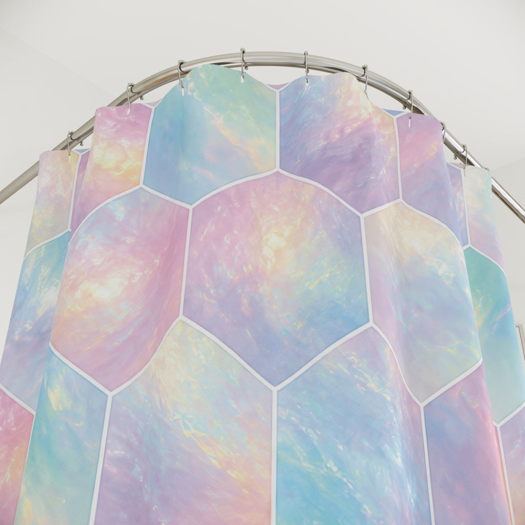 Pastel opal-effect hexagons with fine white outlines shower curtain with close-up print, hooks, and folds