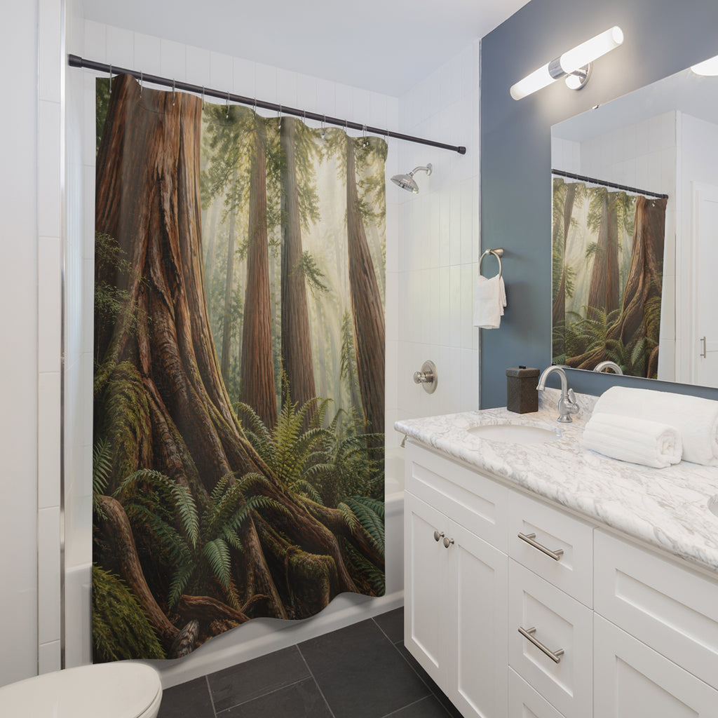 Sunlit redwood grove with ferns and wildflowers shower curtain beside a white vanity