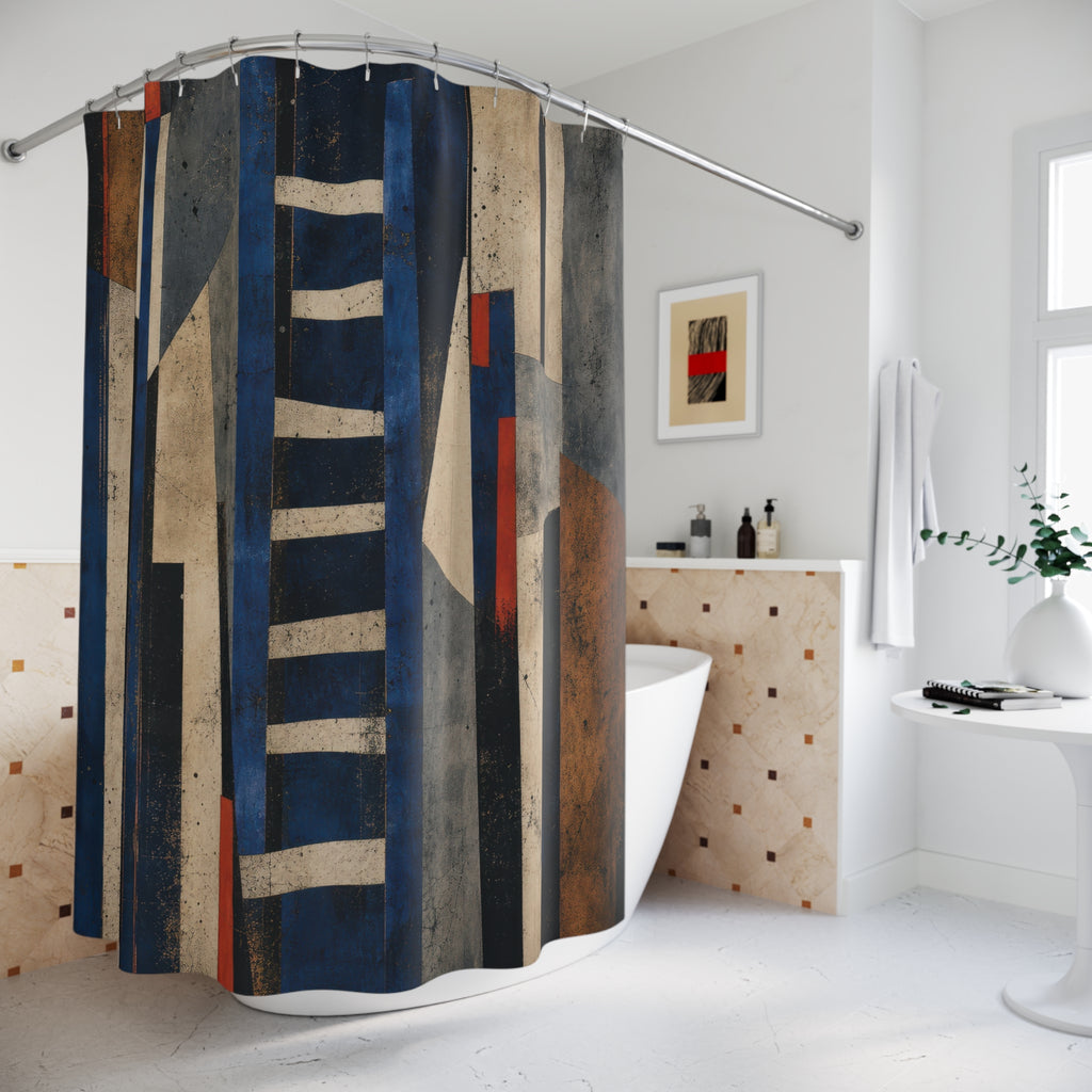 Geometric Shower Curtain, Navy Blue Abstract Architecture, Rust Beige Modern Art, Art Deco Bath Decor, Graphic Guest Bathroom, Bold Bath