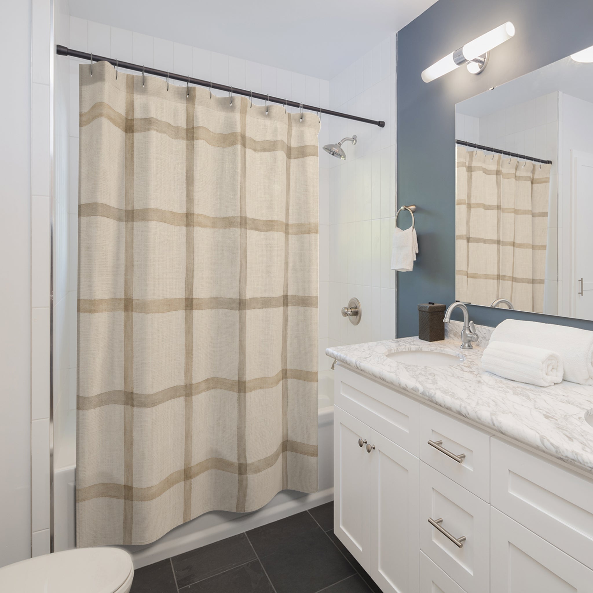Beige Taupe Windowpane Grid Shower Curtain