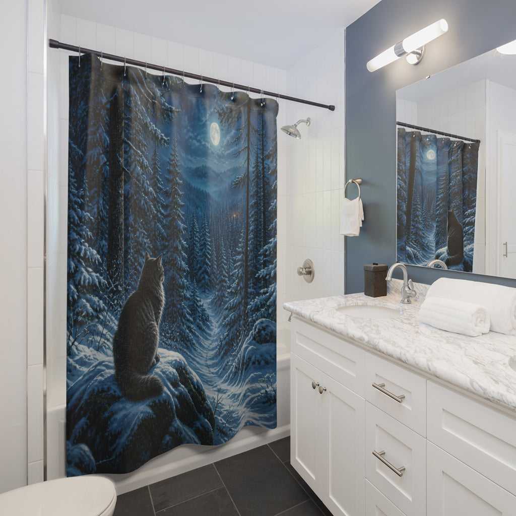 Winter woodland black cat under full moon shower curtain beside a white vanity