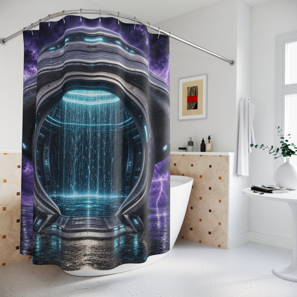 Unique Portal Shower Curtain, Futuristic Sci Fi Water Chamber Art, Purple Blue Lightning Decor, Weird Bathroom Accent, Gamer Guest Bath